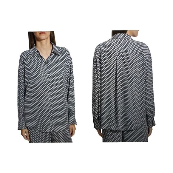 THEORY GEO PRINT BOYFRIEND SHIRT. SAPPHIRE MULTI ( GREY AND BLUE) - Picture 1 of 9